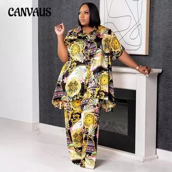 Летние женские большие размеры с рубашкой с воротником и короткими рукавами, длинные брюки, повседневный комфортный брючный костюм 1XL синий