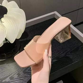 Летние женские босоножки из ПВХ на высоком каблуке, прозрачные босоножки 2024 года, новые сексуальные туфли с открытым носком на высоком каблуке с квадратным носком, женская обувь для банкета Zapato Mujer 34 телесный