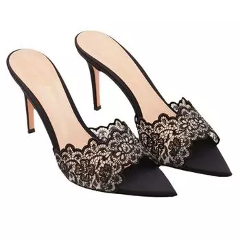 Летние женские босоножки-мюли с открытым носком и кружевом, элегантные шикарные туфли на высоком каблуке 9 см, сексуальные туфли для вечеринок, сандалии-тапочки 35