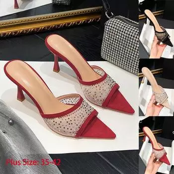 Летние женские босоножки на каблуке, тапочки на высоком каблуке, женская обувь, сексуальные сандалии для женщин, сандалии с острым носком, большие размеры 35-42 35 чёрный