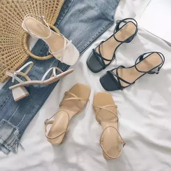 Летние женские босоножки на квадратном каблуке, женская обувь, черные универсальные модные элегантные туфли на среднем каблуке 35