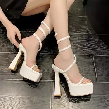 Летние женские босоножки на платформе на каблуках, сексуальные, с открытым носком, узкие, обтягивающие, каблук 15 см, толстые, для вечеринок, клубные сандалии 35 белый