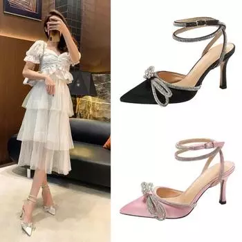 Летние женские босоножки на шпильке со стразами и закрытым носком, на высоком каблуке с ремешком и бантом 34