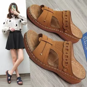 Летние женские босоножки на танкетке, ортопедические босоножки премиум-класса с открытым носком, винтажные нескользящие кожаные повседневные женские тапочки на платформе в стиле ретро 35 чёрный