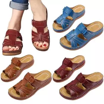 Летние женские босоножки на танкетке, ортопедические сандалии премиум-класса с открытым носком, винтажная нескользящая кожаная повседневная женская обувь на платформе в стиле ретро 36