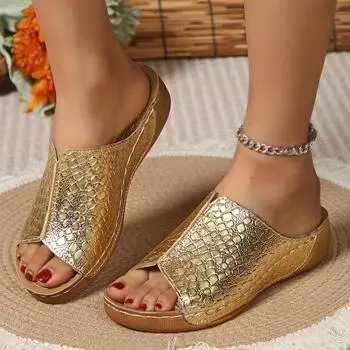 Летние женские босоножки на танкетке с открытым носком, повседневные нескользящие туфли в стиле ретро для сцены 36-43 36 золотой