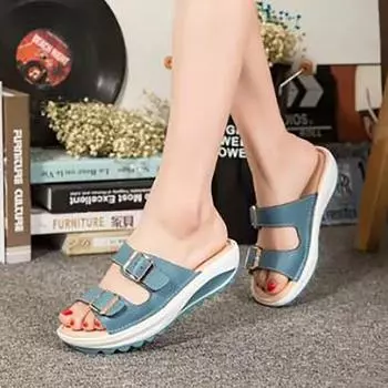 Летние женские босоножки на танкетке с открытым носком, винтажные нескользящие кожаные повседневные туфли на платформе в стиле ретро 41EU/CN42