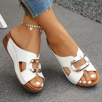 Летние женские босоножки на танкетке с пряжками, повседневные туфли с открытым носком на толстой подошве, удобные тапочки 36 белый