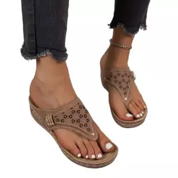 Летние женские босоножки на танкетке SyfIyno с ортопедическим носком и поддержкой свода стопы, женские нескользящие шлепанцы из искусственной кожи на мягкой платформе 36 светло-коричневого