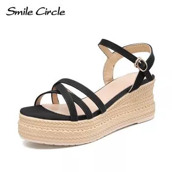 Летние женские босоножки на танкетке, туфли на платформе с открытым носком и круглым носком, элегантные удобные туфли на высоком каблуке