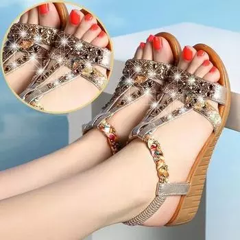 Летние женские босоножки на толстой подошве с плоским каблуком, босоножки на платформе и танкетке, женская пляжная обувь 34 золотой