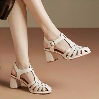 Летние женские босоножки на толстой подошве в стиле ретро, туфли-свинки, мягкие подошвы, удобные дышащие плетеные босоножки на высоком каблуке для женщин, босоножки P806 35 бежевый