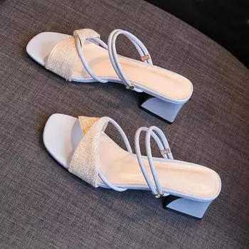 Летние женские босоножки на толстом каблуке с квадратным носком 2024 года, новые модные простые универсальные туфли с открытым носком, подходящие по цвету, женские туфли на каблуке 35 синий