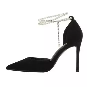 Летние женские босоножки на тонком каблуке, заостренный нос, однолинейная пряжка, бархатная поверхность, полый носок, жемчужный высокий каблук. 33