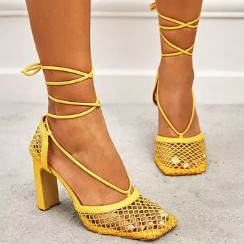 Летние женские босоножки на высоком каблуке 9,5 см, женские фетиш-гладиаторы, желтые босоножки на блочном каблуке, пикантные туфли на шнуровке, сетчатый ремешок с перекрестием 35 красный