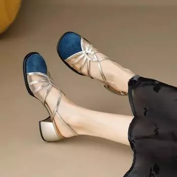Летние женские босоножки на высоком каблуке. Ретро-туфли с открытым носком и открытым носком. Женские туфли высокого качества на среднем каблуке с квадратным каблуком. 35 синий
