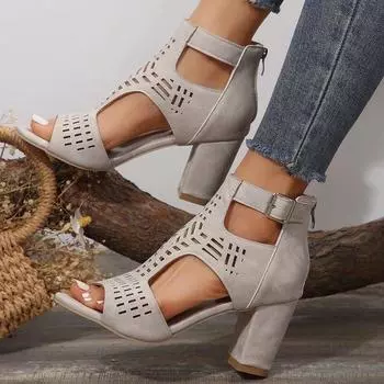 Летние женские босоножки на высоком каблуке с открытым носком и пряжкой 2024 года 36 светло-серый