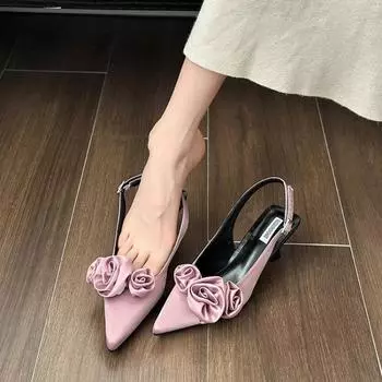 Летние женские босоножки на высоком каблуке с открытой пяткой, новинка 2024 года, женские модельерские сексуальные туфли-лодочки с острым носком для женской обуви 39 бежевый