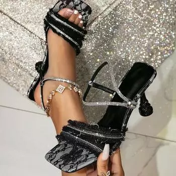 Летние женские босоножки на высоком каблуке с кристаллами, сексуальные кружевные босоножки с кисточками и квадратным носком, женские туфли-лодочки с ремешком на щиколотке 36 чёрный