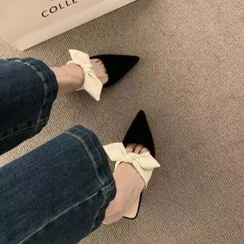 Летние женские босоножки на высоком каблуке с острым носком, модные женские туфли с бантом и цветком, женские туфли с открытой пяткой, женские тапочки 35 серебряный