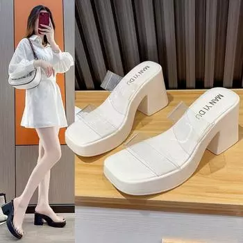 Летние женские босоножки на высоком квадратном каблуке на платформе из флока, повседневные туфли-лодочки с заклепками, элегантные женские туфли с открытым носком, туфли на каблуке 35 чёрный