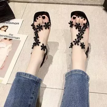 Летние женские босоножки с украшением в виде кристаллов и цветов, женские босоножки на толстом каблуке с открытым носком, женские модные туфли с эластичным ремешком сзади 34 бежевый