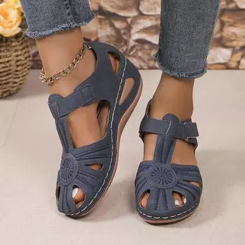 Летние женские босоножки в стиле ретро с круглым носком и клиновидным каблуком Car Line, легкие, мягкие, удобные, женские босоножки 36 чёрный