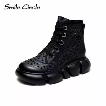 Летние женские ботинки из натуральной кожи, простые повседневные ботинки на толстой подошве, женские ботинки с высоким берцем и отверстиями