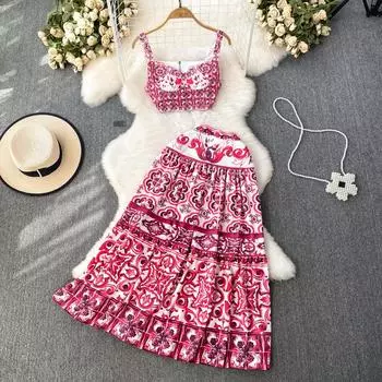 Летние женские брендовые дизайнерские пляжные наряды с принтом, сексуальный брендовый топ и длинная плиссированная юбка-миди, комплект из двух предметов S красный