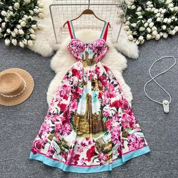 Летние женские брендовые дизайнерские принты на подиуме элегантные бретельки-спагетти длинные платья миди для вечеринок S