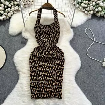 Летние женские брендовые дизайнерские сексуальные клубные вечерние платья с лямкой на шее и буквенным принтом, тонкие облегающие мини-короткие платья-футляры One Size чёрный