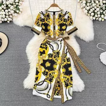 Летние женские брендовые дизайнерские винтажные платья с принтом в стиле барокко, подиумные платья с коротким рукавом, вечернее платье-карандаш S жёлтый