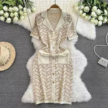 Летние женские брендовые дизайнерские винтажные жаккардовые цветочные вязаные платья-свитера с карманом One Size чёрный