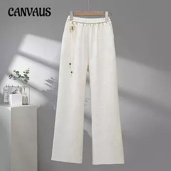 Летние женские брюки больших размеров с китайской жаккардовой вышивкой, широкие брюки с высокой талией, драпированные прямые брюки L белый