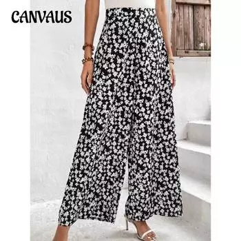 Летние женские брюки больших размеров с цветочным принтом, свободные повседневные брюки с талией S чёрный