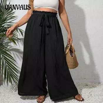 Летние женские брюки больших размеров, женские однотонные свободные широкие брюки с завязками на талии