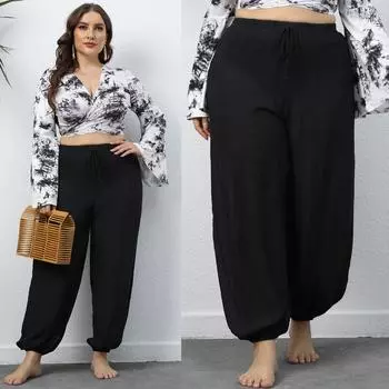 Летние женские брюки большого размера, легкие тонкие черные брюки, женские повседневные свободные широкие брюки больших размеров, женские длинные брюки 1XL чёрный