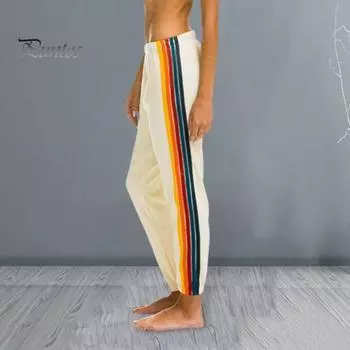 Летние женские брюки цвета радуги в стиле пэчворк с эластичной резинкой на талии, свободные однотонные повседневные спортивные спортивные штаны для бега, длинные брюки S темно-синий