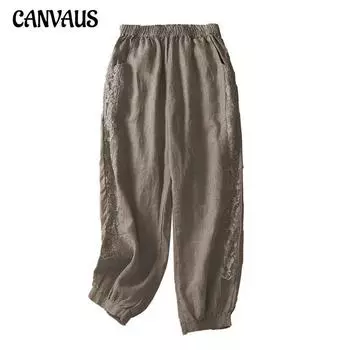 Летние женские брюки, хлопковые шаровары, литературные свободные повседневные кружевные брюки-шаровары M серый