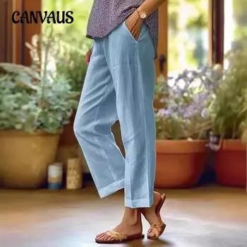 Летние женские брюки из хлопка и льна, свободные однотонные брюки с эластичной резинкой на талии, прямые брюки для отдыха