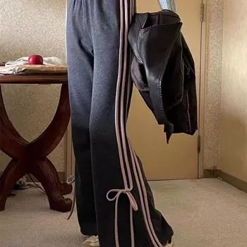 Летние женские брюки-клеш в полоску со шнуровкой по бокам и бантом, розовые, серые, узкие брюки, женские брюки, корейские y2k S серый