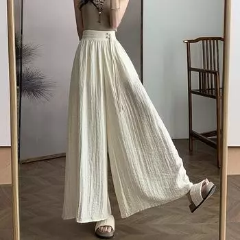 Летние женские брюки-кюлоты с широкими штанинами и застежкой-бабочкой в китайском стиле из хлопка и льна. S