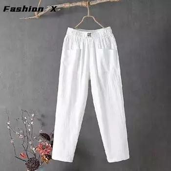 Летние женские брюки, льняные повседневные брюки, свободные прямые брюки, женские брюки с девятью точками M красный