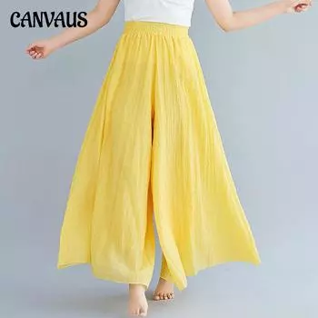 Летние женские брюки литературные большие размеры из хлопка и льна, широкие брюки, юбка, льняная юбка с эластичной резинкой на талии, чистый цвет, этнический ветер, большие распашные брюки, брюки-юбка 95cm синий