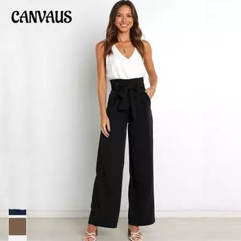 Летние женские брюки, модные женские брюки для рабочего места, повседневные широкие брюки с поясом, темпераментные пригородные брюки S чёрный