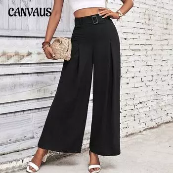 Летние женские брюки, однотонные широкие брюки с высокой талией, повседневные брюки S чёрный