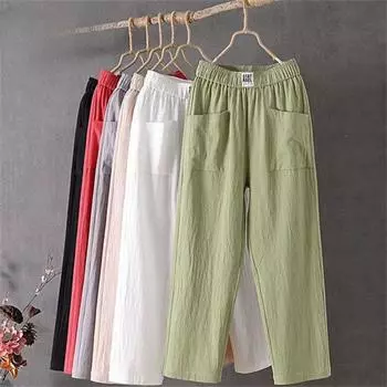 Летние женские брюки, повседневные брюки из хлопка и льна, свободные прямые брюки, брюки-шаровары с девятью точками M абрикосовый