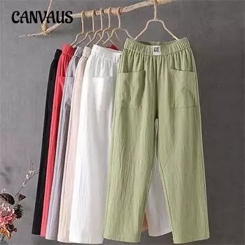 Летние женские брюки, повседневные брюки из хлопка и льна, свободные прямые брюки, брюки-шаровары с девятью точками