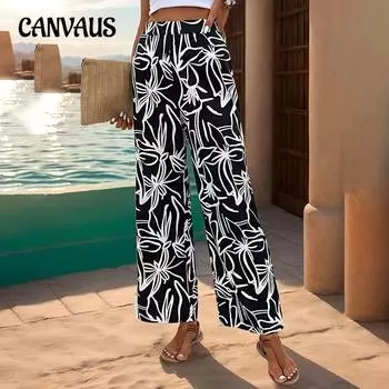 Летние женские брюки, повседневные брюки с принтом, прямые брюки в праздничном стиле S чёрный