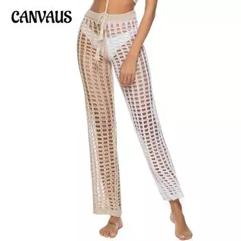 Летние женские брюки ручной вязки крючком полые двухцветные брюки сексуальные пляжные брюки с поясом One Size хаки/белый